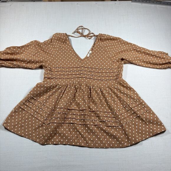 Entro Polka Dot Mini Dress Women’s M Boho V-Neck Tie Back Peasant 3/4 Sleeve - Picture 6 of 9